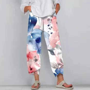 2024 женские широкие брюки с ярким цветочным принтом, эластичные свободные дышащие пляжные длинные брюки с высокой талией и кулиской с карманами