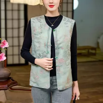 2024 Женские винтажные Топы ханьфу, китайский традиционный жилет с вышивкой в виде национальном цветка, куртка без рукавов, Восточный этнический костюм Тан