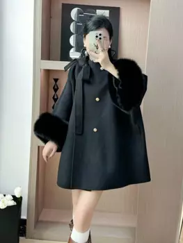 2024, женское пальто с манжетами из натурального лисьего меха, кашемировая шерстяная шерстяная верхняя одежда, зимняя куртка