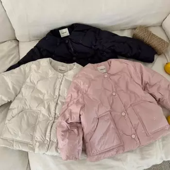 2024, зимнее новое детское бархатное толстое пальто с длинными рукавами, милые пуховики с вышивкой вишни для девочек, детская теплая стеганая куртка