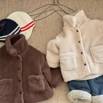 2024, зимнее новое детское кашемировое пальто из ягненка, однотонная толстая теплая куртка с карманами и лацканами для маленьких девочек, стеганая куртка, детская одежда