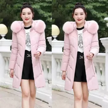 2024 зимние парки, Женская куртка с хлопковой подкладкой, Женская куртка с меховым воротником и хлопковой подкладкой, облегающее длинное плотное пальто с капюшоном, женское розовое