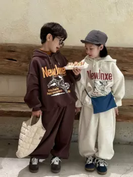 2024 зимний новый детский бархатный толстый теплый комплект для мальчиков и девочек, толстовка с капюшоном с мультяшным принтом + брюки, костюм из 2 предметов, детская одежда