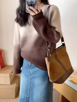 2024, зимняя теплая модная вязаная элитная роскошная элегантная толстовка с капюшоном, градиент цвета, свободный теплый свитер с длинными рукавами, джемпер