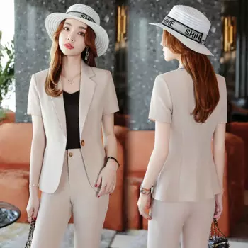 2024Летний новый светло-серый профессиональный маленький костюм с короткими рукавами, пальто с воротником, женские укороченные брюки, простой костюм из двух предметов