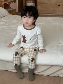 2025 Autumn New Baby Long Sleeve Home Clothes Set Infant Boys Cartoon Bear Plaid Pajamas 2pcs Suit Kids Toddler Cotton Outfits
