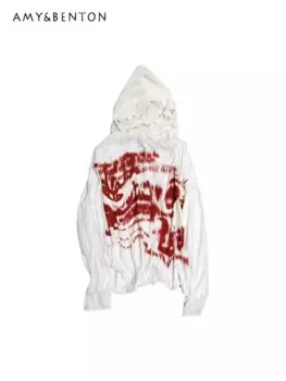 2025 Japanese Autumn and Winter Halloween Culture Red Embroidery Text Print Rock Punk Culture Hooded Sweater For Women