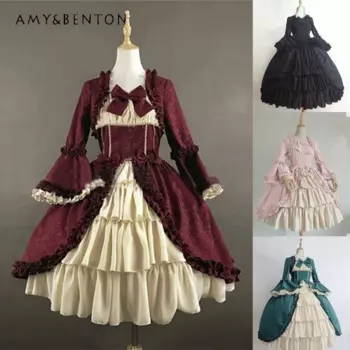 2025 Japanese European and American Medieval Retro Gothic Court Square Collar Waist Splicing Bow Multi-color Dress For Women