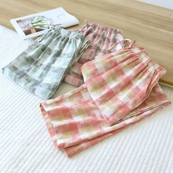 2025 Japanese Spring and Autumn Women's All Cotton Pajama Pants Simple Plaid Pants Thin Loose Women's Straight Home Pants