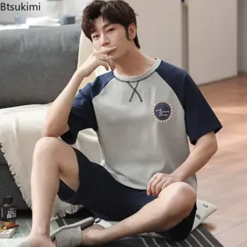 2025 Men's Cotton Pajamas Sets Summer Fashion Patchwork Short-sleeved Tops+Shorts Homewear Two-pieces Men Sleepwear Lounge Sets