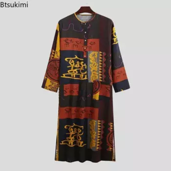2025 Men's Muslim Clothing Abayas Cotton Line Nightgowns Bathrobe Robe Kaftan Holiday Beach Robe Man Muslim Kaftan Arabic Dress