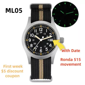 2025 Militado ML05 Men's Watch Ronda 515 Quartz Movement Watch Dome Sapphire High Transparency AR Coated Night Light Watches