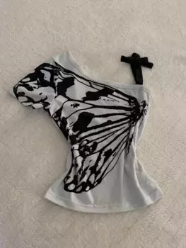 2025 misa hot sale Summer Sexy One Off Shoulder Y2k Aesthetic T-Shirts Streetwear Vintage Gray Printing Slim Tshirts Harajuku Bo
