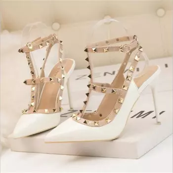 2025 New 10CM PUMPS Woman Sexy Nightclub Stiletto Heels Patent-leather Metallic Rivet Hollow Roman Fashion Sandals Zaptos Mujer