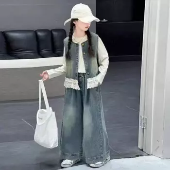 2025 New Arrival Girls' Fashionable Floral Lace Vest Wide Leg Pants Two-Piece Set for Spring Children's Wear 120-170cm