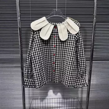 2025 New Art Petal Collar Design Sense Japanese Retro Checkered Shirt Stacked Top blusa feminina tops mujer