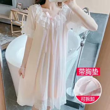 2025 New Nightdress Ladies Summer Ice Silk Modal Lace Mesh Sweet Court Fairy Princess Wind with Breast Cushion Pajama Skirt