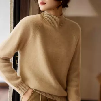 2025 NEW Pure Australian Wool Pullover Women Knitting Fashion Loose Sweater Half High Neck Long sleeves High quality Warm Tops