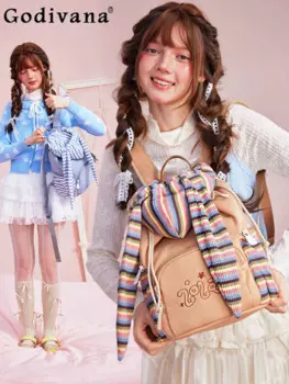 2025 Original Japanese Cute Girl Knitted Rabbit Pain Bag Large Capacity Jk Comic Show Cute Double Shoulder Student Backpack