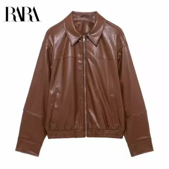 2025 RARA Women's Stylish Lapel - collar Zippered Faux Leather Jacket in Rich Brown for an Edgy Fashion Statement