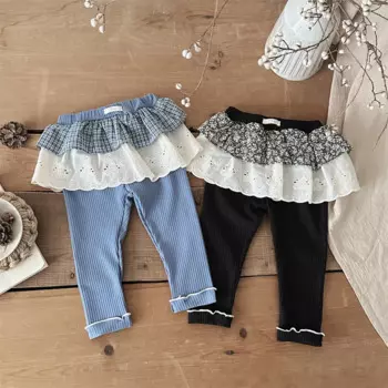 2025 Spring New Baby Girl 0-3 Years Floral Plaid Bottom Skirt Pants Girls Slim Fit Wearing Lace And Layered Pants Clothes