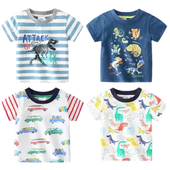 2025 Summer 2 3 4 5 6 8 10 Years Children'S Clothing Dinosaur Car Striped Tees All Match Basic Tops Cartoon T-Shirt For Kids Boy
