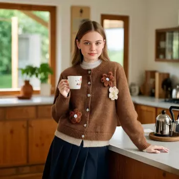 2025 Taop&Za Womens Sweaters Grey Knit Cardigan with 3D Flower Embellishments and Layered Hem for a Sweet Look