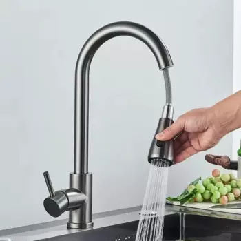 2025 Two Water Flow Modes Stainless Steel Faucet Bathroom Sink Single Hole Pull-out 360-degree Rotating Spout Cleaning Faucet