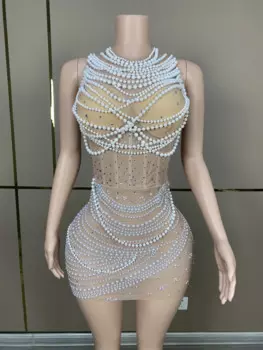 2025 Valentine's Day Romantic Pearl Water Diamond Dress Concert Women's Cute Dress birthday dress woman sexy Luxury Rhinestone