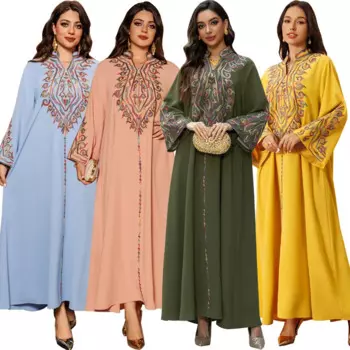 2025 Wholesale Ramadan Eid Dubai Turkish Elegant Modest Embroidery Stand Collar Women Muslim Dress Abaya Long Robe