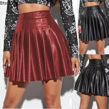 2025 Women's Sexy Style PU Leather Skirts Fashion Solid High Waist A-line Pleated Skirts Above-knee Length Short Skirt for Women