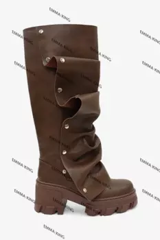 2025 женские складные ботинки «Акула» с напуском, модные плиссированные сапоги до колена на массивном высоком каблуке с круглым носком и платформой