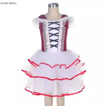 20532 Красный бархат и белый лиф из спандекса с 3-ярусной романтической юбкой-пачкой с отделкой из красной ленты Балетные танцевальные костюмы для девочек