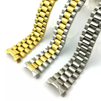 20mm Golden/ Silver Watch Strap Replacement Solid Steel Wristband Curved End President Style Bracelet Band Watch Belt