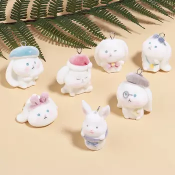 20pcs 3D Flocking Resin Cartoon Animal Charms Rabbit Pendants for Keychain Necklace DIY Making Jewelry Accessories Wholesale