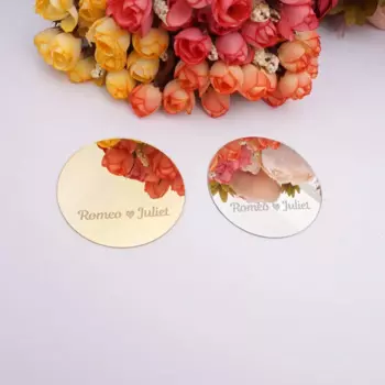 20pcs Personalized Wedding Mirror Cards Custom Acrylic Bridal Name Tags Engagement Table Decor Round Party Favors Guest Gift 7cm