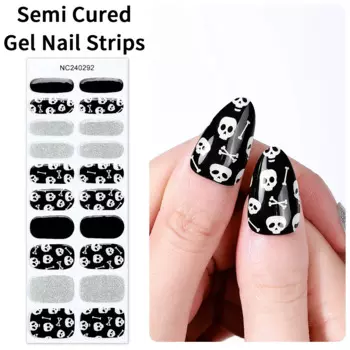 20Tips Halloween Luminous Semi Cured Gel Nail Strips Black Orange Purple Skull Spider Web Gel Nail Stickers For Manicure Decor