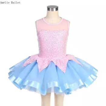 22503 розовый лиф с пайетками и небесно-голубой тюлевой юбкой-пачкой, детский балетный костюм, танцевальное платье балерины для девочек