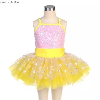 22514 розовый топ с пайетками, лиф с желтой тюлевой юбкой-пачкой, детский сценический танцевальный костюм, танцевальное платье балерины для девочек
