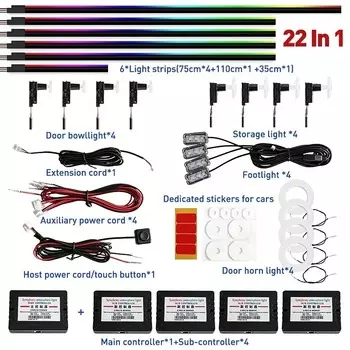 22 в 1, 18 в 1, 64 цвета, RGB, симфония, автомобильная атмосфера, интерьер, светодиодный акриловый направляющий, оптоволоконный, универсальное украшение, окружающее освещение