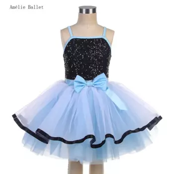 24013 черный топ с блестками и тюлевой юбкой-пачкой небесно-голубого цвета, Детский костюм для выступлений и танцев, танцевальный костюм для девочек, танцевальное платье балерины