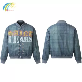 24FW Высококачественные синие клетчатые куртки для мужчин и женщин, уличная одежда, классический логотип, бейсбольная куртка Saint Tears, повседневные пальто большого размера