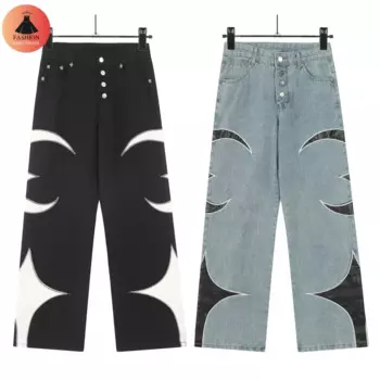 24ss кожаные джинсы с вышивкой логотипа Thug Club, синие, черные, модные мужские и женские прямые джинсы с пряжкой высокого качества