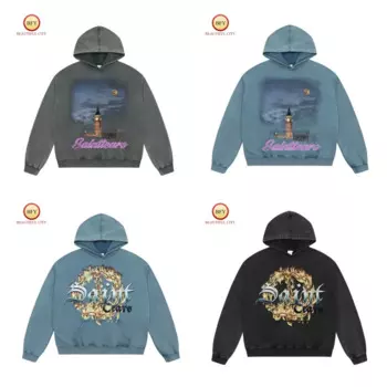 24ss модная хлопковая махровая зимняя винтажная повседневная мужская женская черная голубая свободная толстовка с капюшоном SAINT