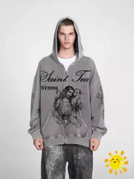 24SS Новая мода Лучшее качество Винтаж стираная молния Saint Tears Мужчины Женщины Толстовка с капюшоном