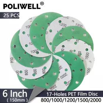 Шлифовальные диски с крючком и петлей, 6 дюймов, 150 мм, 17 отверстий, абразивная наждачная бумага для орбитального шлифовального станка DA С зернистостью 800/1000/1200/1500/2000, 25 шт.
