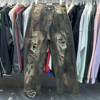 25ss реальные фотографии мужские джинсы с дырками модные потертые черные брюки оверсайз S-XXL размер dongguan_ss