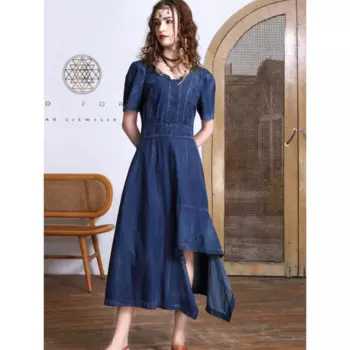 # 2786 летнее асимметричное джинсовое платье, женское винтажное джинсовое платье трапециевидной формы с пышными рукавами, женское платье миди с v-образным вырезом и высокой талией