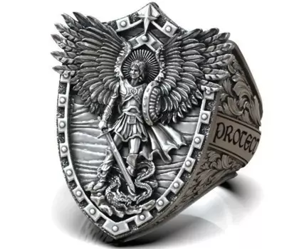 27 г Святой Архангел Михаил Змея щит Крылья Меч Подарки Мужчины и Паты Индивидуальные кольца из твердого серебра 925 пробы Много размеров