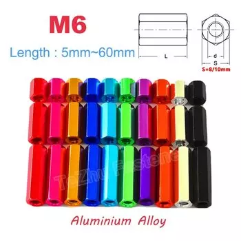 2/5 шт. M6 шестигранная прокладка, шестигранные шпильки, гайки, стержни из алюминиевого сплава с внутренней резьбой, двойная длина 5 мм ~ 60 мм